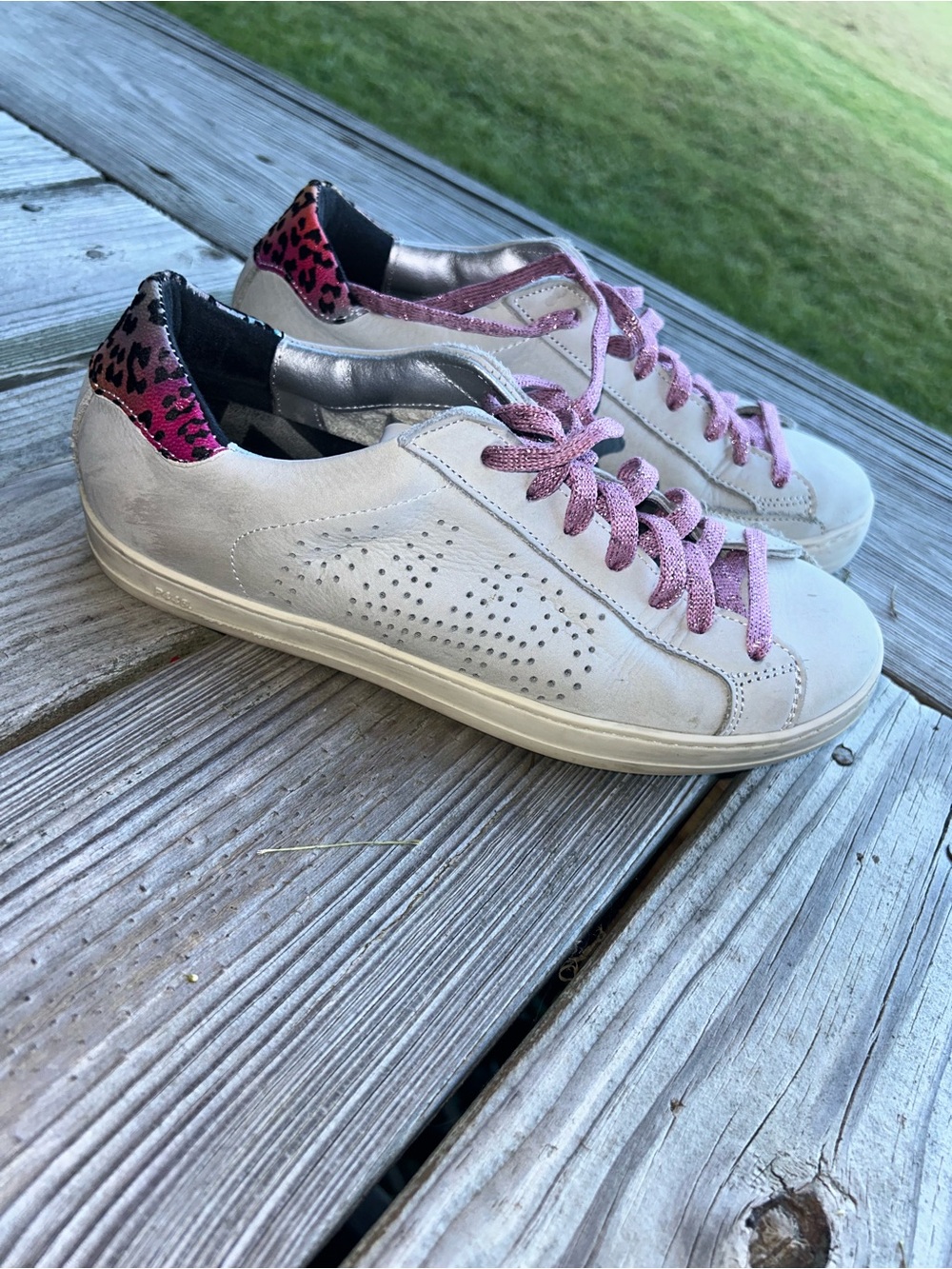 P448 White Leather Pink Leopard Sneakers Size 37